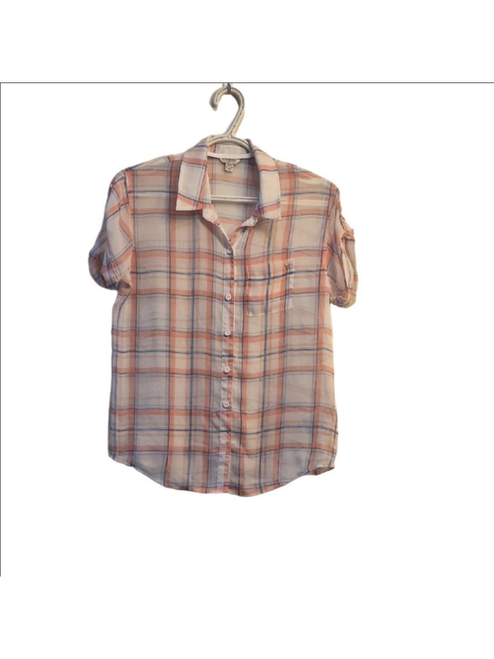 Guess Plaid Button-Up Shirt in White, Peach, and Light Blue